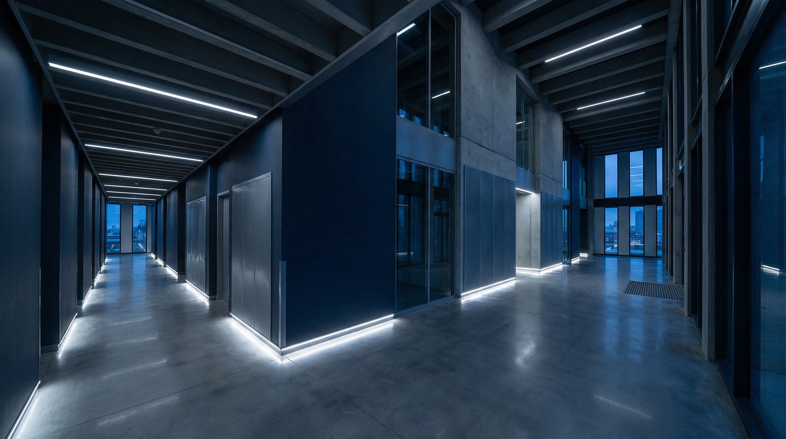 Modern commercial building with emergency lighting